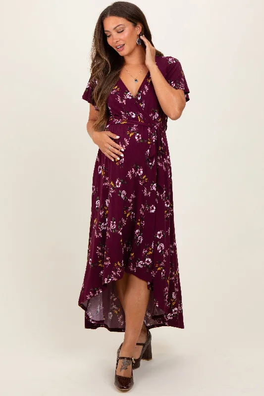 ladies-maxi-dress-formal-flair-Burgundy Floral Short Sleeve Wrap Hi-Low Maternity Maxi Dress