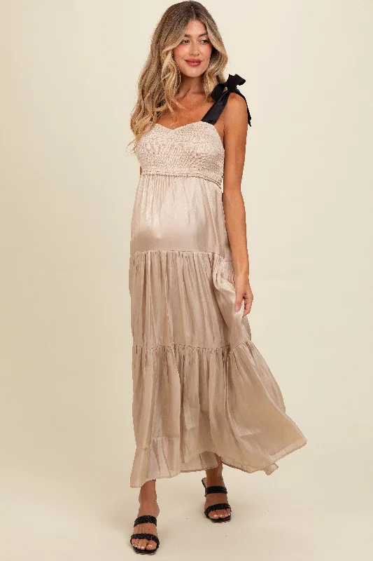 ladies-maxi-dress-metallic-mirth-Beige Tiered Satin Tie-Strap Maternity Maxi Dress