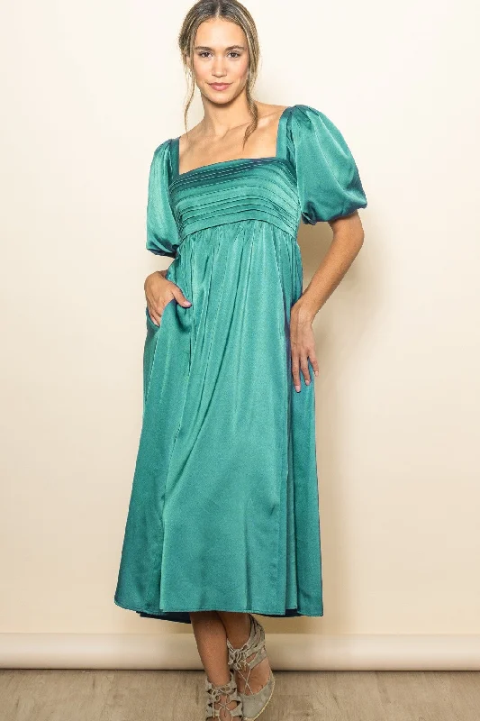 Women's midi dress hush chic -Emerald Green Satin Pleated Bodice Puff Sleeve Midi Dress