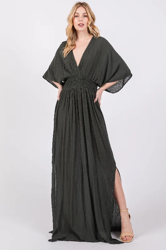 ladies-maxi-dress-viral-vibe-Olive Lightweight Deep V-Neck Maxi Dress