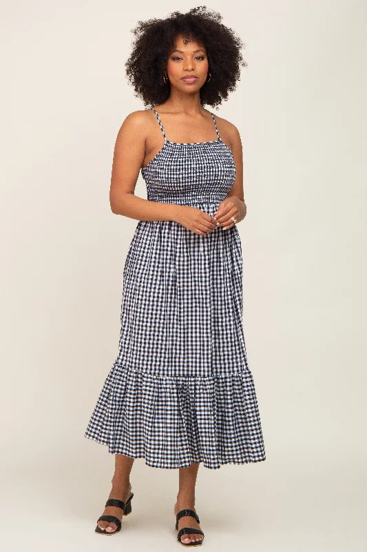 Women's midi dress bow pop -Black Gingham Smocked Midi Dress