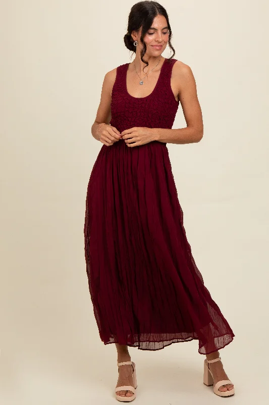 ladies-maxi-dress-pleated-prance-Burgundy Textured Smocked Bodice Sleeveless Maxi Dress