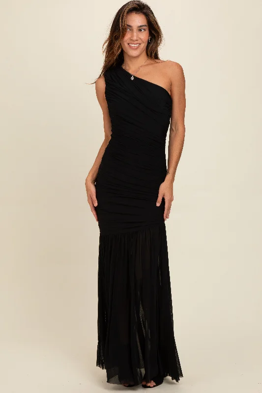 ladies-maxi-dress-rust-ripple-Black Ruched Mesh One Shoulder Maxi Dress