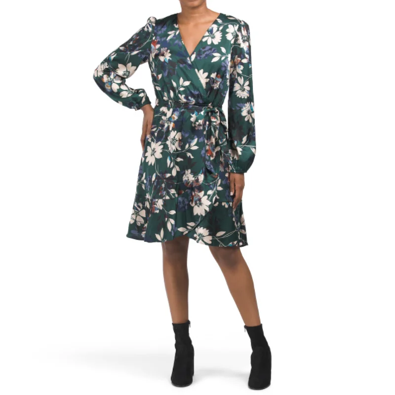 ladies-mini-dress-sale-sizzle-NICOLE MILLER NY Women's Long Sleeve Floral Satin Wrap Style Mini Dress