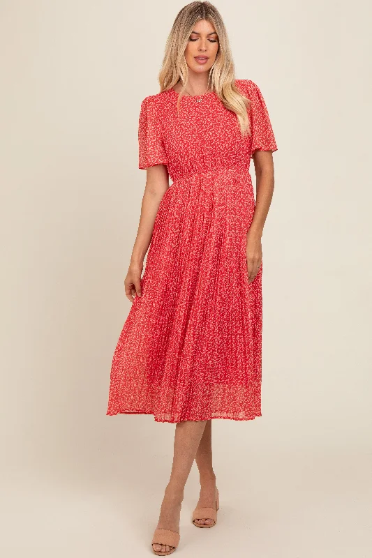 Women's midi dress dawn pop -Red Floral Pleated Midi Dress