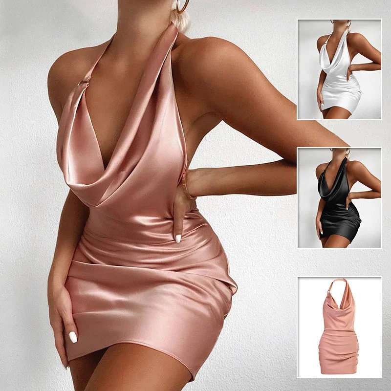 Women's party dress wing chic -Satin Party Dress V Neck Backless Mini Sleeveless Party Dress