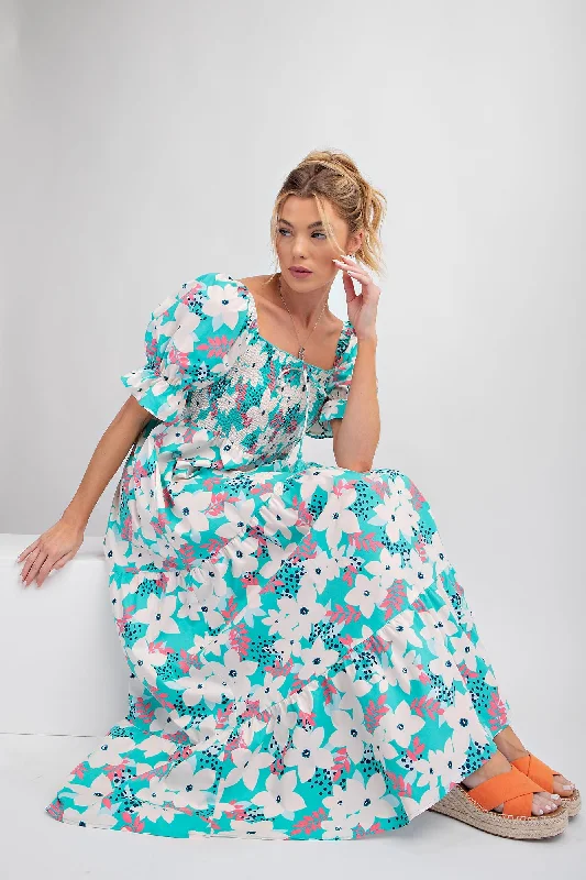 ladies-maxi-dress-brunch-breeze-Aqua Floral Puff Sleeve Maxi Dress