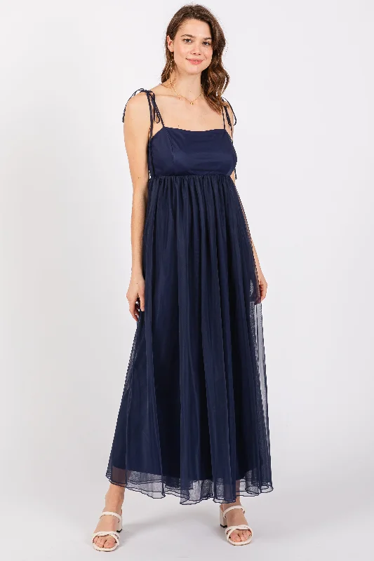 ladies-maxi-dress-budget-bloom-Navy Blue Square Neck Shoulder Tie Tulle Maxi Dress