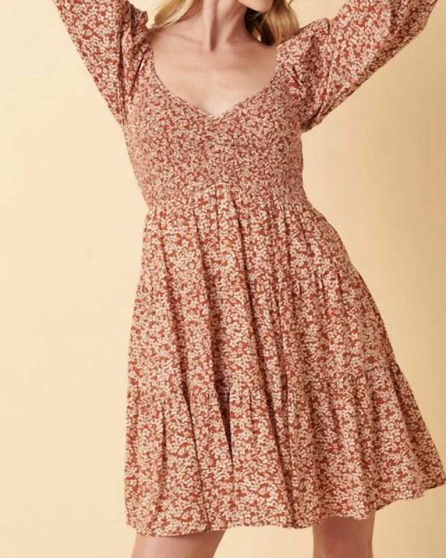 ladies-mini-dress-orange-orchid-Darlin' Ditsy Floral Mini Dress in Rust | Rust