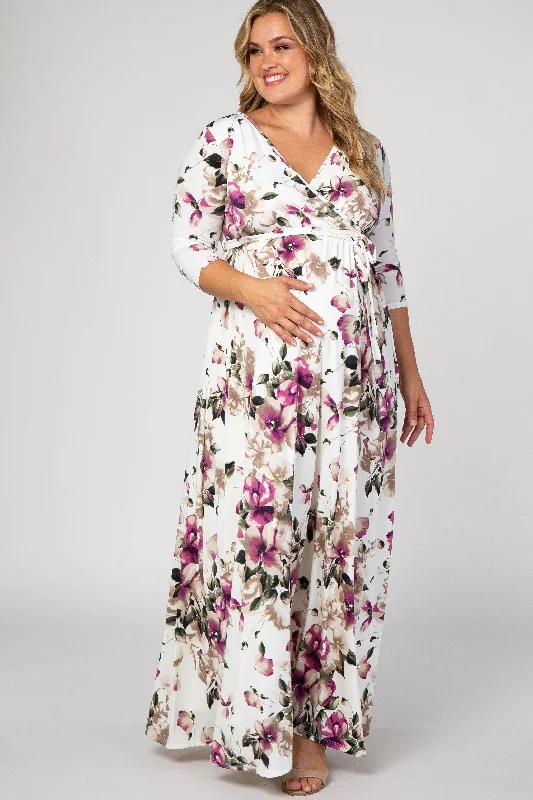 ladies-maxi-dress-flared-fable-PinkBlush White Floral Plus Maternity/Nursing Wrap Maxi Dress