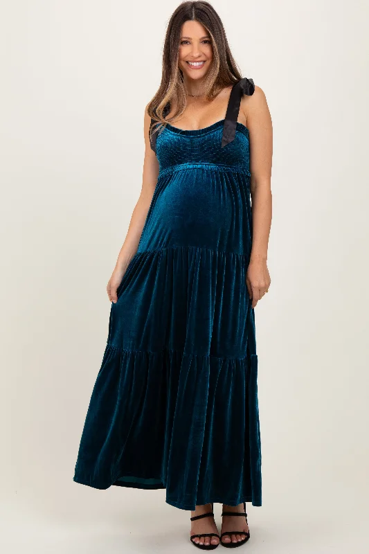 ladies-maxi-dress-velvet-vision-Deep Teal Velvet Smocked Satin Shoulder Tie Maternity Maxi Dress