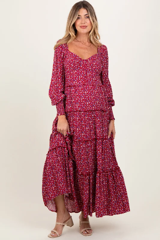 ladies-maxi-dress-cotton-cool-Burgundy Floral Button Accent Bodice Tiered Maternity Maxi Dress