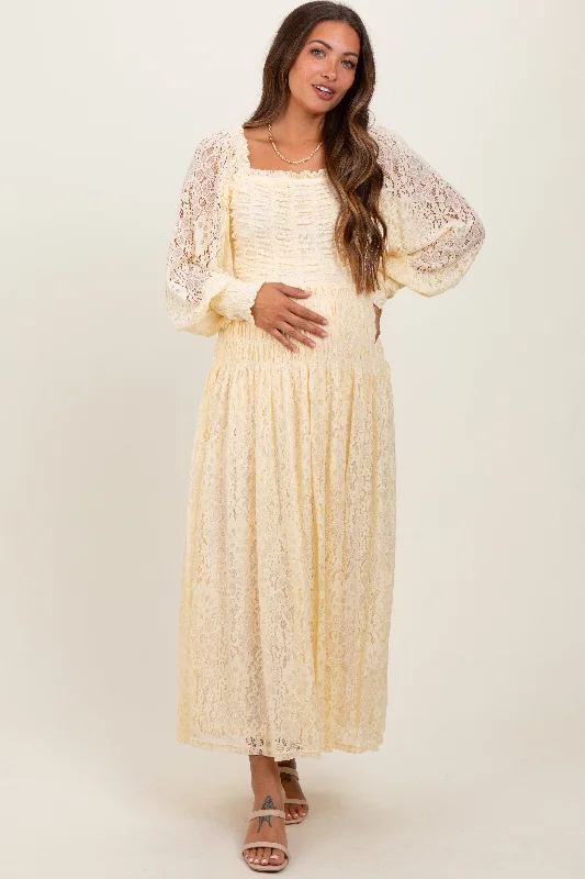 ladies-maxi-dress-comfortable-calm-Cream Lace Smocked Bubble Sleeve Maternity Maxi Dress