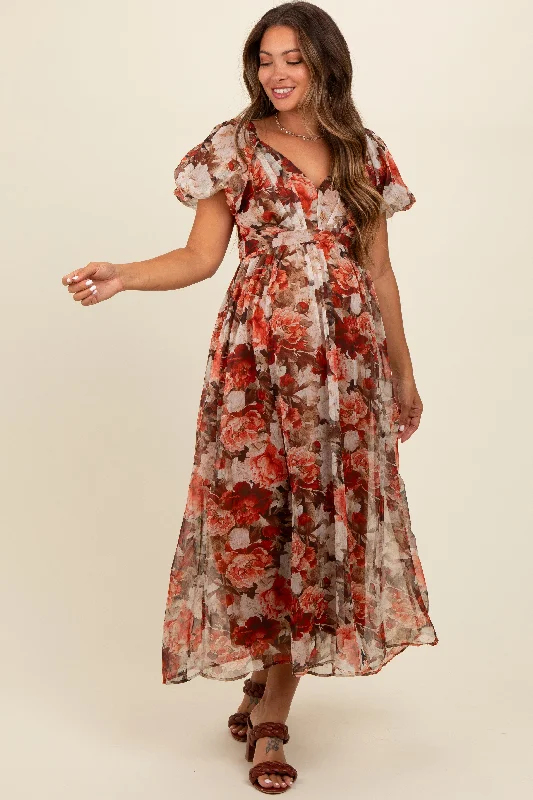 ladies-maxi-dress-street-silk-Rust Floral Puff Sleeve Maternity Maxi Dress