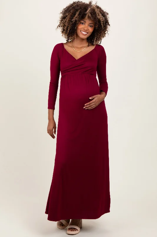 ladies-maxi-dress-sale-sweep-Burgundy Wrap Front Empire Waist Maternity Maxi Dress