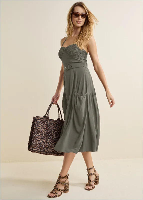 Women's midi dress dawn pop -Belted Halter Midi Dress - Olive