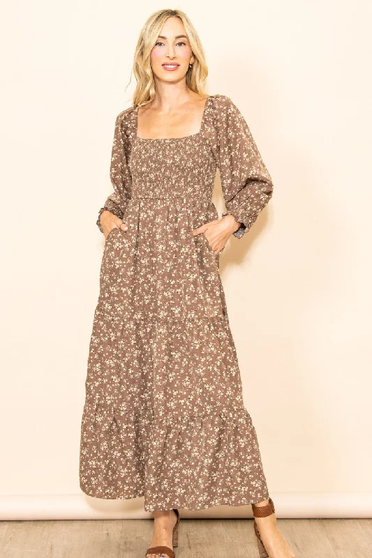 ladies-maxi-dress-autumn-amber-Mocha Floral Smocked Long Sleeve Maxi Dress