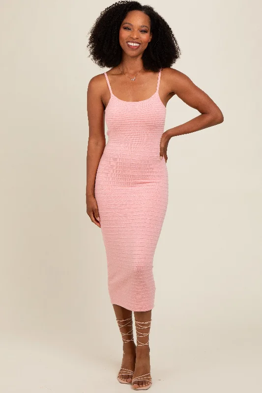 Women's midi dress stem chic -Pink Fitted Spaghetti Strap Midi Dress