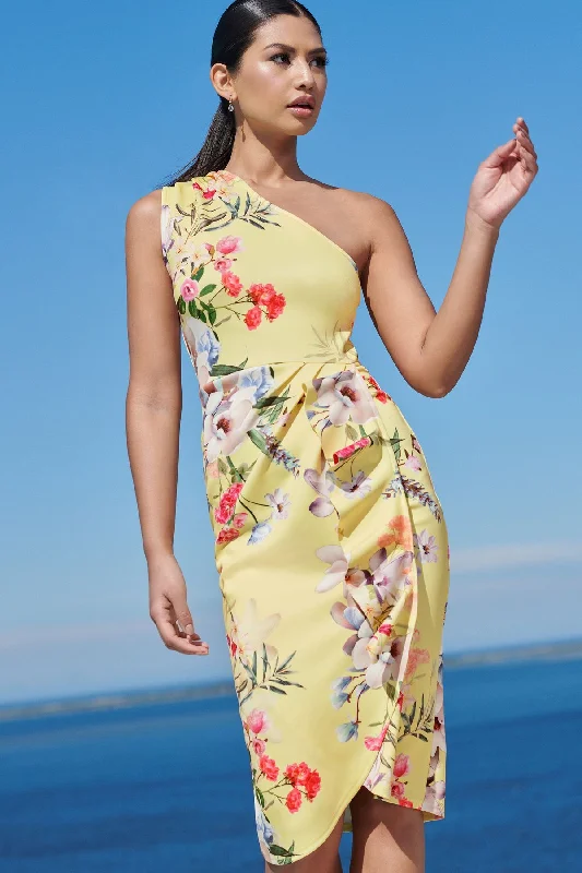 ladies-bodycon-dress-off-shoulder-oomph-One Shoulder Floral Bodycon Dress Yellow