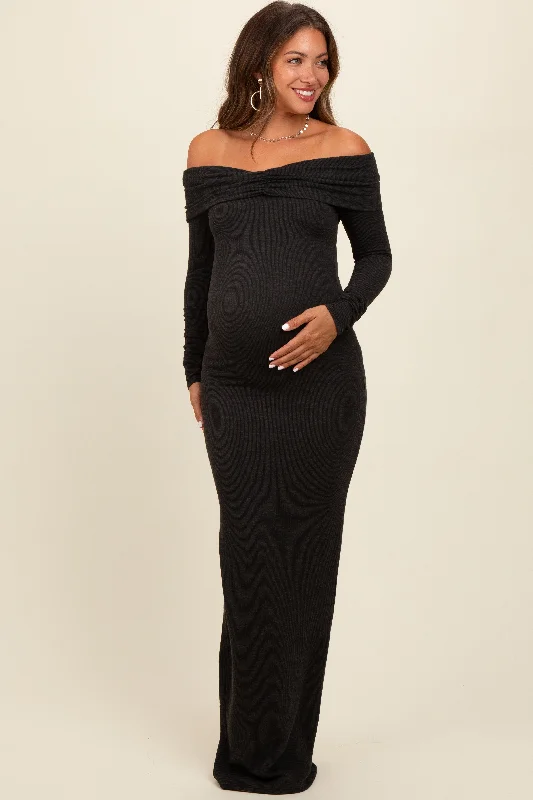 ladies-maxi-dress-one-shoulder-silk-Charcoal Knit Off Shoulder Maternity Maxi Dress