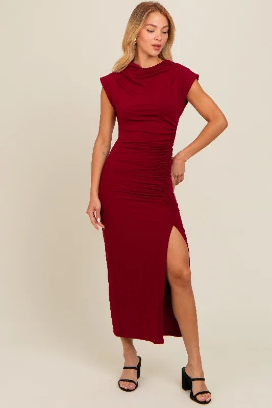 Women's midi dress glam flair -Burgundy Ruched Mock Neck Slit Midi Dress