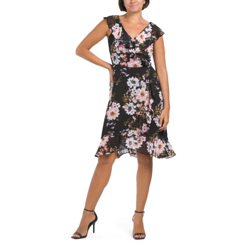 ladies-mini-dress-comfortable-cool-London Times Women's Floral Print Ruffle Trim Wrap Mini Dress