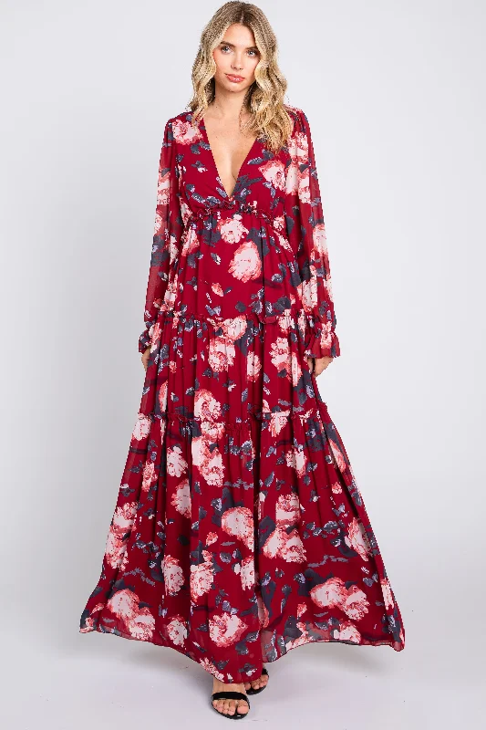 ladies-maxi-dress-tiered-tide-Burgundy Floral Chiffon V-Neck Lettuce Edge Tiered Maxi Dress