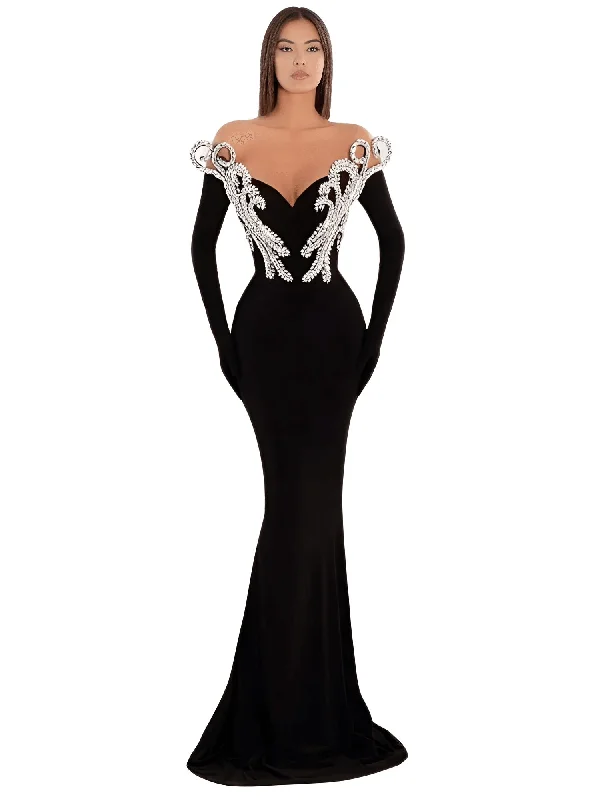 Women's party dress flash flair -Women's Elegant Party Dresses V Neck Crystal Design Black Velvet Maxi Long Luxury Gowns With Gloves Female Clothing