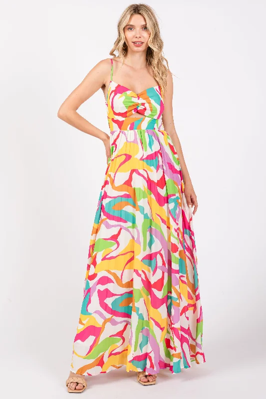 ladies-maxi-dress-ruched-rush-Ivory Printed Sleeveless Front Twist Maxi Dress