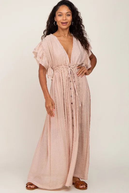 ladies-maxi-dress-long-sleeve-lush-Light Pink Deep V-Neck Button Down Maxi Dress