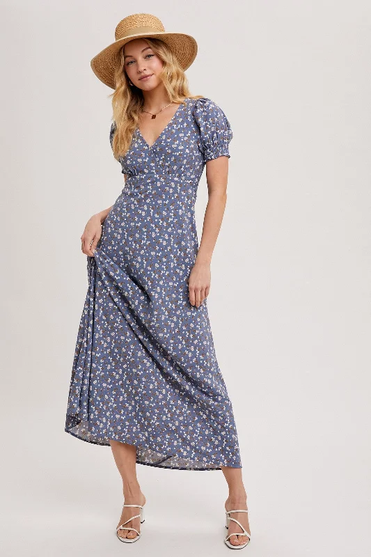 ladies-maxi-dress-royal-ripple-Blue Floral Puff Sleeve V Neck Maxi Dress