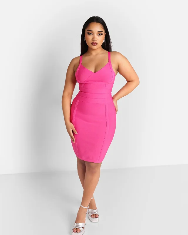 ladies-bodycon-dress-tiered-twirl-Rebdolls Women's Amorette Bandage Mini Bodycon Dress | Pink