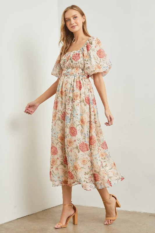 Women's midi dress core flair -Cream Blue Floral Chiffon Puff Sleeve Midi Dress