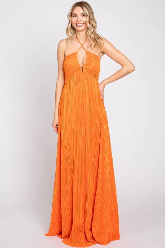 ladies-maxi-dress-casual-charm-Orange Plisse Halter Back Tie Maxi Dress