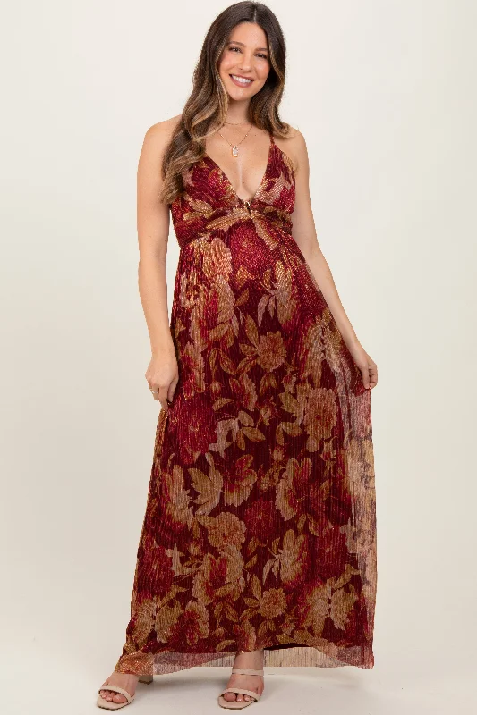 ladies-maxi-dress-royal-ripple-Burgundy Floral Deep V-Neck Back Cutout Maternity Maxi Dress