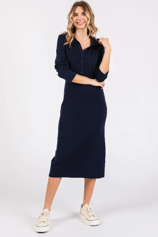 Women's midi dress sprout pop -Navy Collared Long Sleeve Sweater Midi Dress