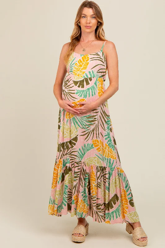 ladies-maxi-dress-open-back-opal-Pink Tropical Print Maternity Maxi Dress