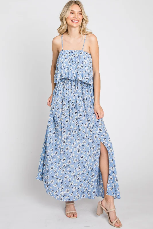 ladies-maxi-dress-tiered-tide-Light Blue Floral Flounce Maxi Dress