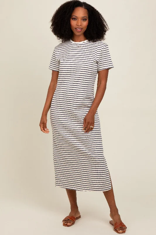 Women's midi dress star glow -Navy Striped Short Sleeve T-Shirt Midi Dress