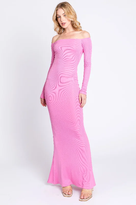 ladies-maxi-dress-subtle-sweep-Pink Ribbed Off Shoulder Long Sleeve Maxi Dress