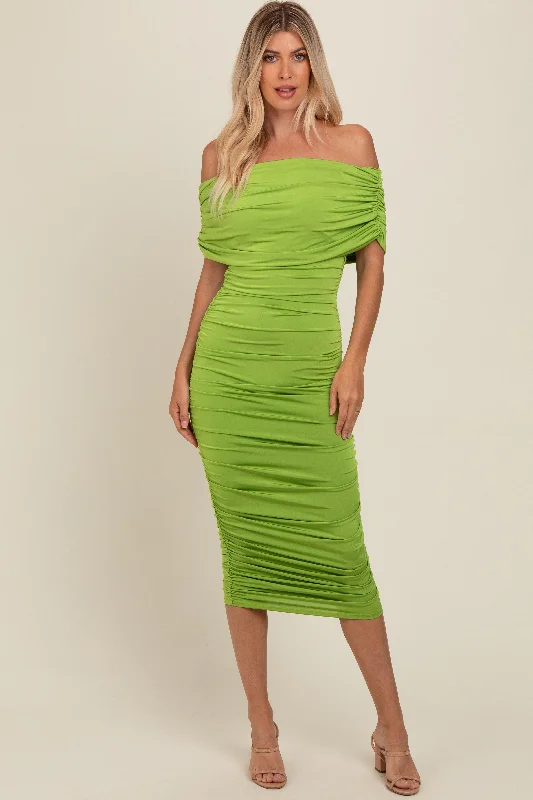 Women's midi dress morn glow -Lime Off Shoulder Ruched Midi Dress