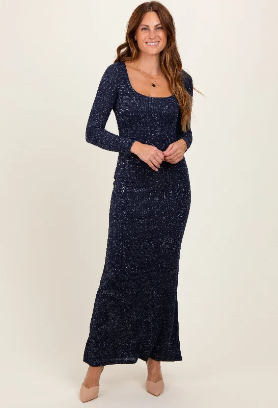 ladies-maxi-dress-animal-allure-Navy Basic Square Neck Long Sleeve Maxi Dress