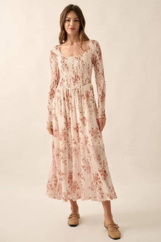 ladies-maxi-dress-viral-vibe-Cream Floral Smocked Woven Maxi Dress