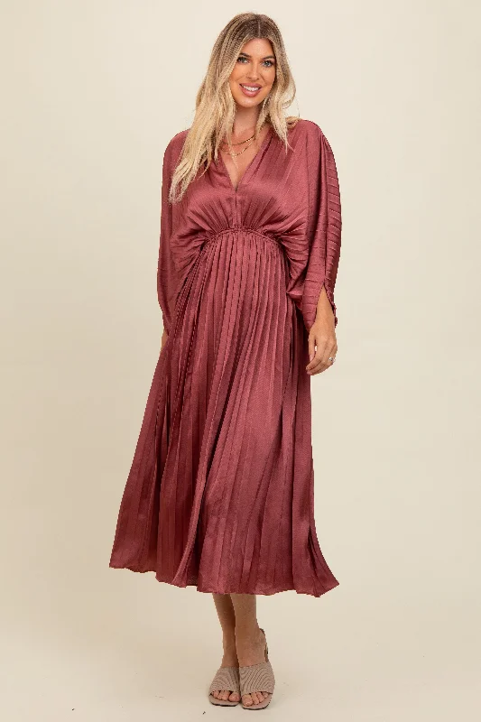 ladies-maxi-dress-evening-ember-Mauve Satin Pleated V-Neck Maxi Dress