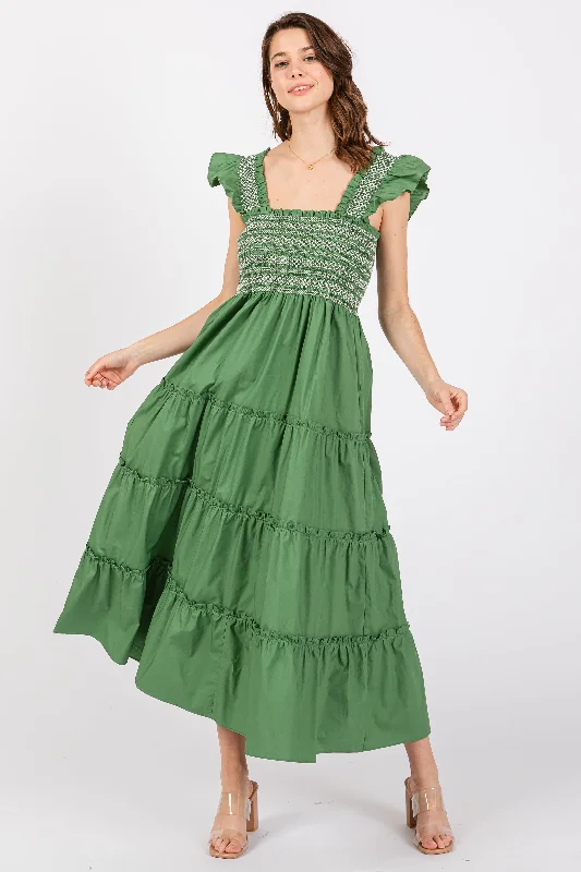 Women's midi dress still flair -Green Embroidered Smocked Midi Dress