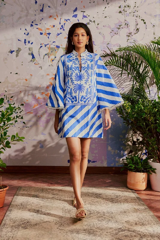 ladies-mini-dress-sweetheart-snap-Blue Azulejos Mini Kaftan Dress