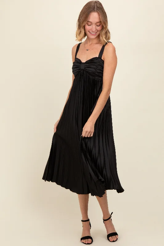 Women's midi dress bare chic -Black Satin Pleated Sweetheart Midi Dress