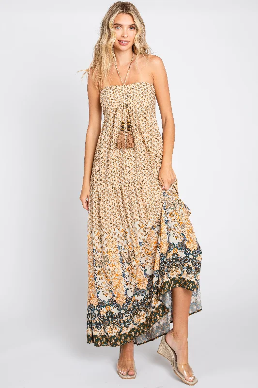 ladies-maxi-dress-ruffle-rush-Beige Floral Paisley Halter Maxi Dress