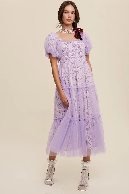 Women's midi dress talk chic -Lavender Floral Lined Smocked Tulle Midi Dress