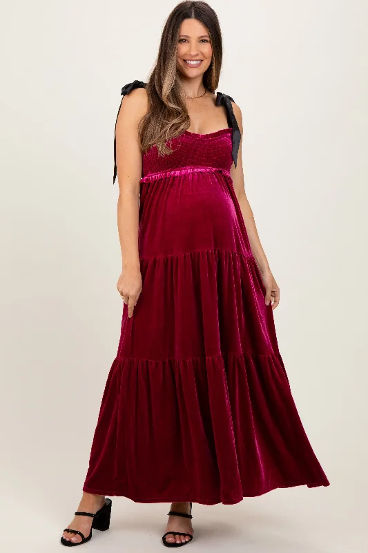 ladies-maxi-dress-geometric-gleam-Burgundy Velvet Smocked Satin Shoulder Tie Maternity Maxi Dress